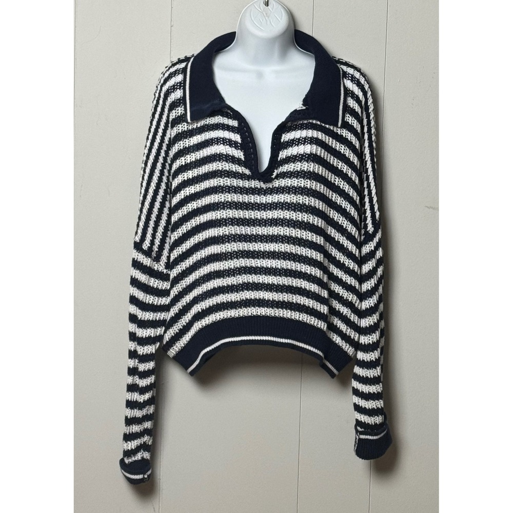525 America Womens Navy Blue White Stripe Cropped Cotton Knit Polo Sweater Sz XL